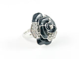 Elegant Rose Petal Design Black Enamel Brass Ring