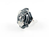 Elegant Rose Petal Design Black Enamel Brass Ring