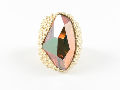 Modern Irregular Brown Stone Caviar Design Gold Brushed Brass Ring