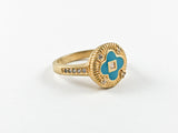Classic Vintage Dainty Turquoise Flower Gold Brushed Brass Ring