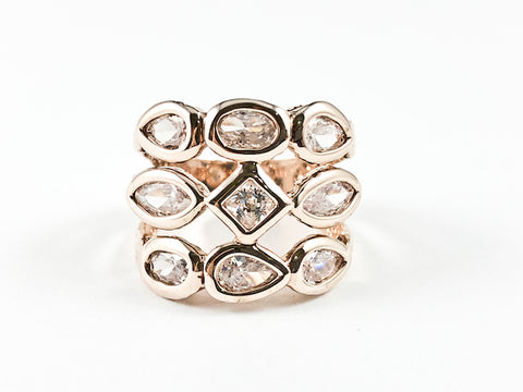 Elegant & Unique 3 Row Multi-shape Stone Rosegold Brass Ring