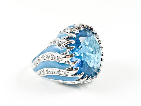 Bold Elegant Fun Aquamarine Stone with Enamel Round Brass Ring