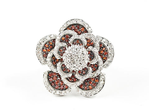 Fine Large Floral Rose Petal Layered CZ Design Brass Ring