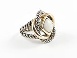 Modern Unique Braided Wire Circular Pattern Two Tone Mother Of Pearl Brass Ring