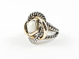Modern Unique Braided Wire Circular Pattern Two Tone Mother Of Pearl Brass Ring