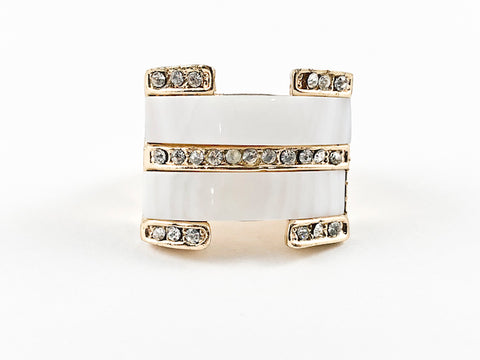 Modern Multi Row White Enamel With Crystals Square Brass Ring