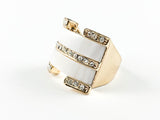 Modern Multi Row White Enamel With Crystals Square Brass Ring
