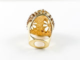 Unique Oval Egg Shape Style Orange Crystals & Floral Design Gold Tone Brass Ring