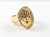 Unique Oval Egg Shape Style Orange Crystals & Floral Design Gold Tone Brass Ring