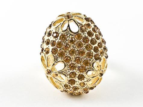 Unique Oval Egg Shape Style Orange Crystals & Floral Design Gold Tone Brass Ring