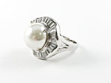 Nice Floral Baguette CZ Border With Large Pearl Center Stone Brass Ring