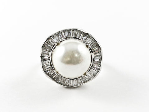 Nice Floral Baguette CZ Border With Large Pearl Center Stone Brass Ring