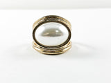 Nice Unique Shape Set Center Pearl Stone Gold Tone Brass Ring