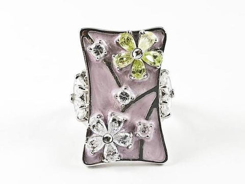 Unique Long Rectangle Purple Enamel Swirl With Multi Color Floral Patterns CZ Brass Ring