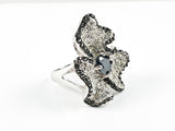 Modern Large Floral Design Black & Clear Crystal Brass Ring