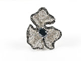 Modern Large Floral Design Black & Clear Crystal Brass Ring