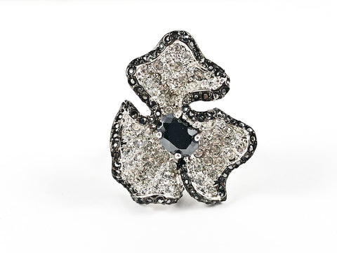 Modern Large Floral Design Black & Clear Crystal Brass Ring