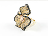 Modern Large Floral Design Black & Clear Crystal Gold Tone Brass Ring