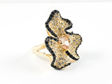 Modern Large Floral Design Black & Clear Crystal Gold Tone Brass Ring