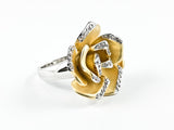 Modern Unique Detailed Gold Tone Rose Petal With CZ Design Brass Ring