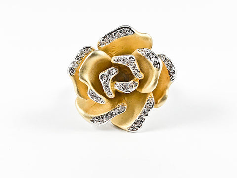 Modern Unique Detailed Gold Tone Rose Petal With CZ Design Brass Ring