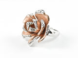 Modern Unique Detailed Rose Gold Tone Rose Petal With CZ Design Brass Ring