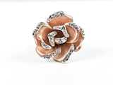 Modern Unique Detailed Rose Gold Tone Rose Petal With CZ Design Brass Ring