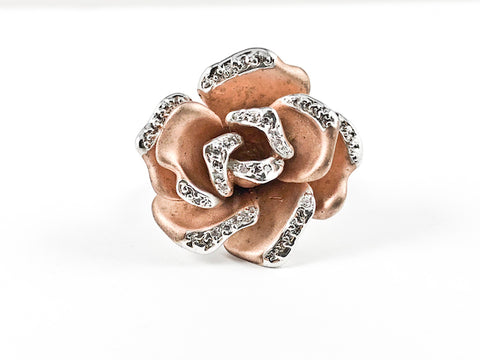 Modern Unique Detailed Rose Gold Tone Rose Petal With CZ Design Brass Ring