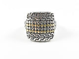 Modern Elegant Textured Bead Square Shape 2 Tone Brass Ring