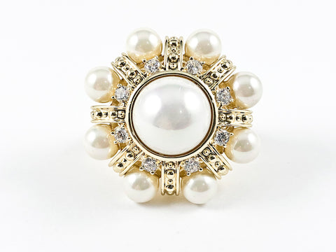 Vintage Unique Round Art Deco Design Pearl Brass Ring & Unique Pearl Design