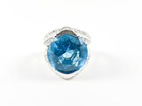 Classic Prong Style Round Center Aquamarine Color CZ Brass Ring