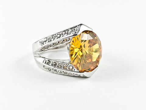 Classic Prong Style Round Center Topaz Color CZ Brass Ring