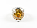 Classic Prong Style Round Center Topaz Color CZ Brass Ring