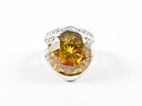 Classic Prong Style Round Center Topaz Color CZ Brass Ring