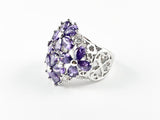 Stylish Elegant Floral Pattern Purple CZ Brass Ring