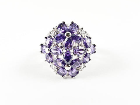 Stylish Elegant Floral Pattern Purple CZ Brass Ring