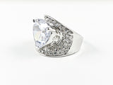 Modern Big Stylish Center Heart CZ With Pave Style Band Brass Ring