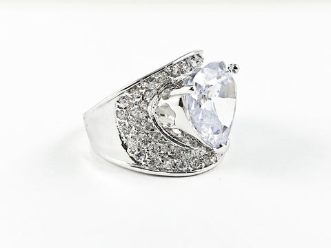 Modern Big Stylish Center Heart CZ With Pave Style Band Brass Ring