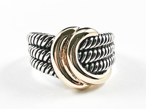 Modern Wire Textured Shiny Metallic Two Tone Style Brass Ring
