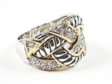 Unique Modern Crossover Twist Textured Design Pattern CZ 2 Tone Brass Ring