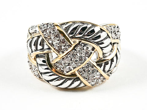 Unique Modern Crossover Twist Textured Design Pattern CZ 2 Tone Brass Ring