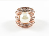 Modern Unique Multi Layer CZ Ring With Center Pearl Rose Gold Plating Brass Ring
