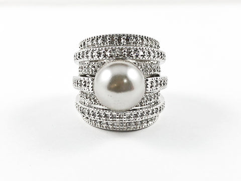 Modern Unique Multi Layer CZ Ring With Black Center Pearl Brass Ring