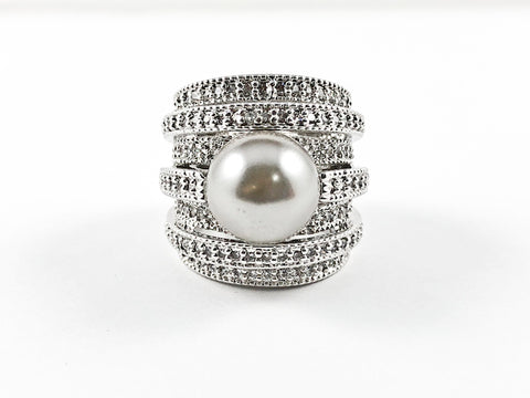 Modern Unique Multi Layer CZ Ring With Black Center Pearl Brass Ring