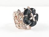 Modern Elegant Rose Petal Center Stone Floral Pattern Band Brass Ring