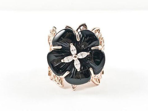 Modern Elegant Rose Petal Center Stone Floral Pattern Band Brass Ring