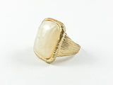 Classic Rectangle Shape Mother Of Pearl Center Stone Textured Band Brass Ring