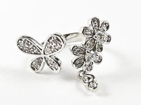 Cute Beautiful Butterfly With Floral Design Duo Style CZ Brass Ring