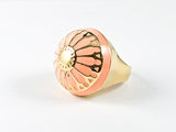 Nice Round Sun Dome Design Salmon Pink Enamel Gold Tone Brass Ring