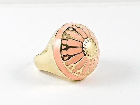 Nice Round Sun Dome Design Salmon Pink Enamel Gold Tone Brass Ring
